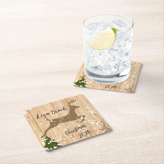 Personalized doe Christmas bauble wooden backgroun スクエアペーパーコースター (インサイチュ)