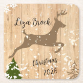Personalized doe Christmas bauble wooden backgroun スクエアペーパーコースター (正面)