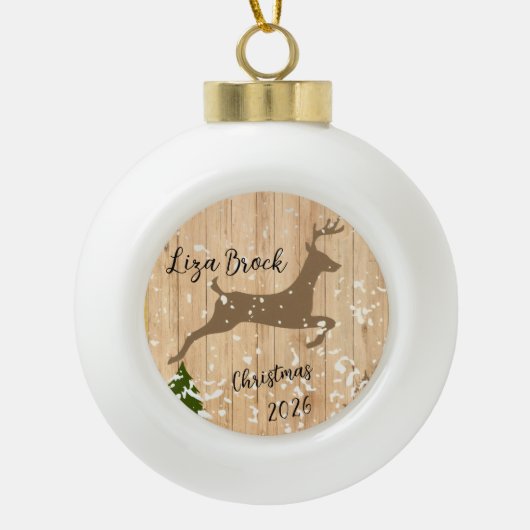 Personalized doe Christmas bauble wooden backgroun セラミックボールオーナメント (正面)