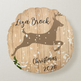 Personalized doe Christmas bauble wooden backgroun ラウンドクッション