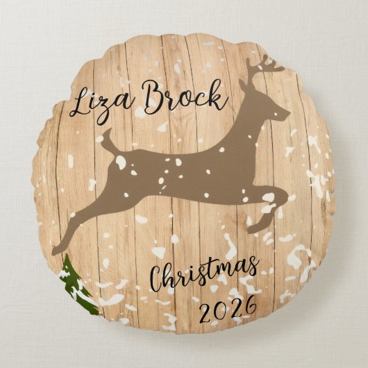Personalized doe Christmas bauble wooden backgroun ラウンドクッション (正面)