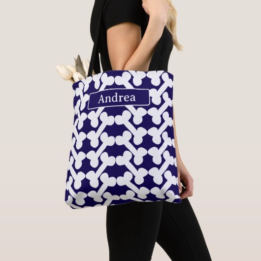 Personalized Dog Bone Pattern Navy White Modern  トートバッグ (クローズアップ)