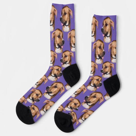 Personalized dog face photo Purple Cute Fun Pet ソックス (左)