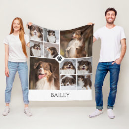 Personalized Dog Photo Collage Paw Print Name フリースブランケット