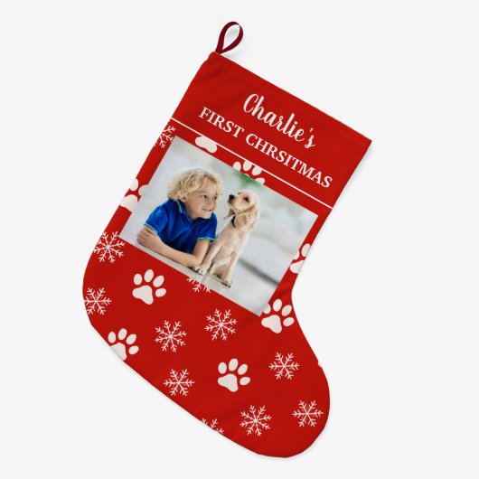 Personalized Dog Photo Name First Christmas Dog ラージクリスマスストッキング (正面 (吊り時))