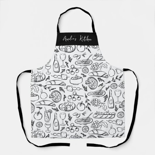 Personalized Dolce Vita Food Pattern Black White エプロン (正面)