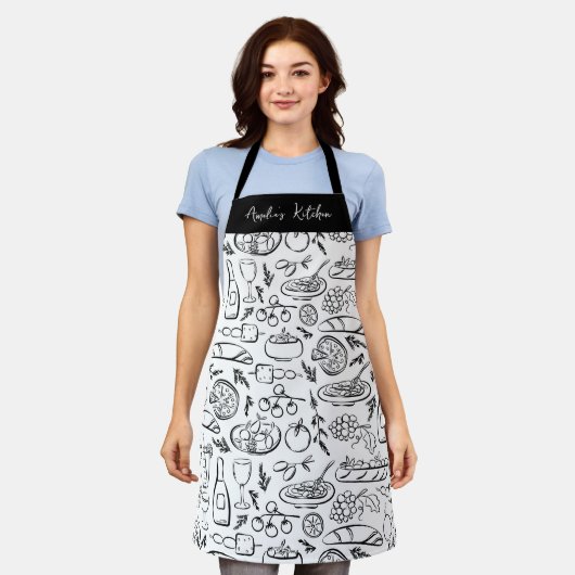 Personalized Dolce Vita Food Pattern Black White エプロン (着用した状態)