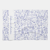 Personalized Dolce Vita Italian Food Drawings Blue キッチンタオル (横)
