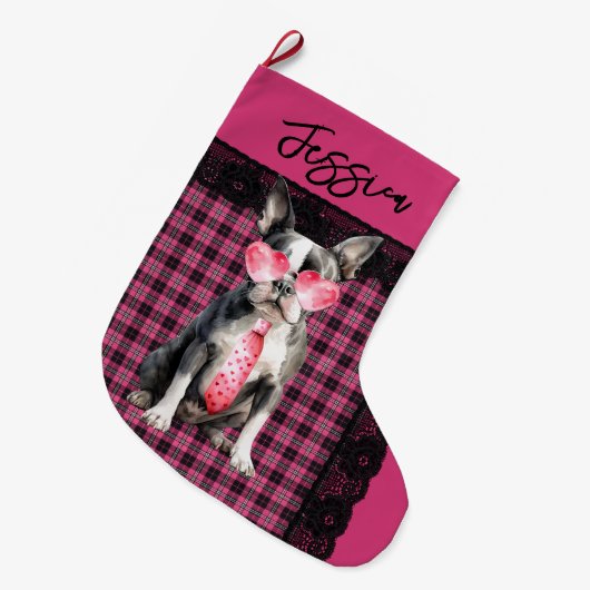 Personalized Double sided Quirky Boston Terrier ラージクリスマスストッキング (正面 (吊り時))