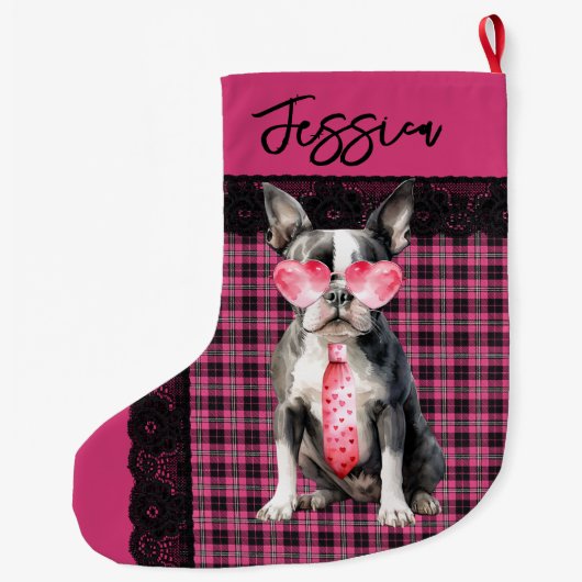 Personalized  Double sided Quirky Boston Terrier ラージクリスマスストッキング (裏面)