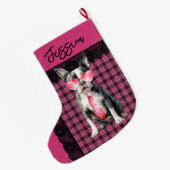 Personalized Double sided Quirky Boston Terrier ラージクリスマスストッキング (裏面 (吊り時))