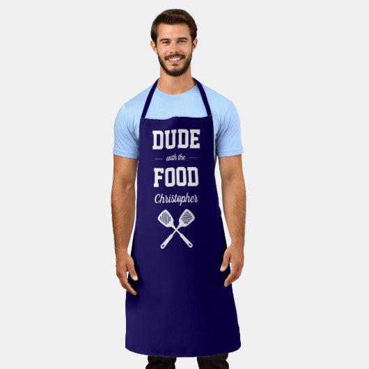 Personalized Dude with the Food Navy Blue Grilling エプロン (着用した状態)