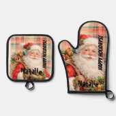 Personalized Dusty Santa Red tartan Merry Holidays 鍋つかみ&鍋敷きセット (正面)