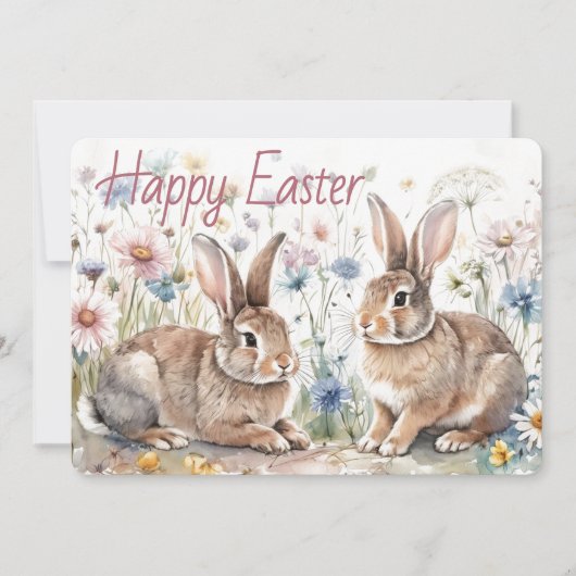 Personalized Easter Bunnies And Floral Watercolor シーズンカード (正面)