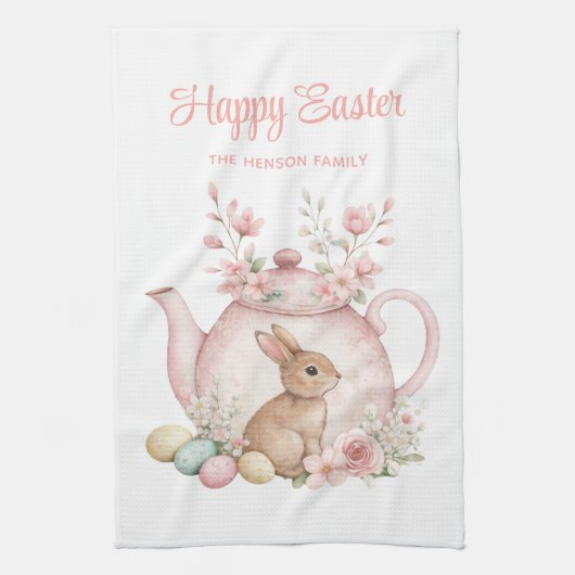 Personalized Easter Bunny Teapot Family  キッチンタオル (縦)