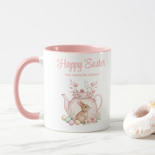 Personalized Easter Bunny Teapot Family マグカップ (ドーナツ)