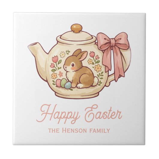 Personalized Easter Bunny Teapot Floral  タイル (正面)