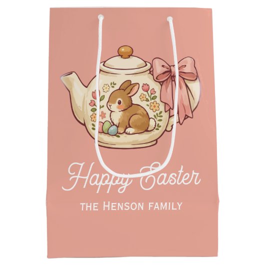 Personalized Easter Bunny Teapot Floral  ミディアムペーパーバッグ (裏面)