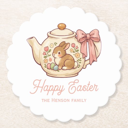Personalized Easter Bunny Teapot Floral Party ペーパーコースター (正面)