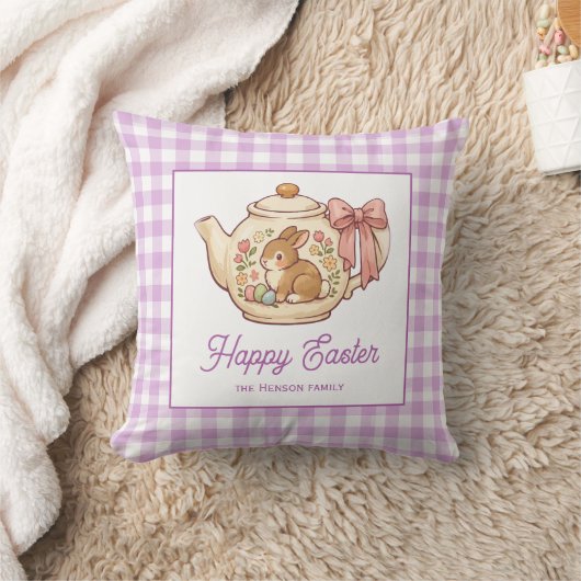 Personalized Easter Bunny Teapot Gingham Family クッション (ブランケット)