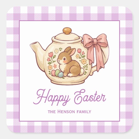 Personalized Easter Bunny Teapot Gingham Family スクエアシール (正面)