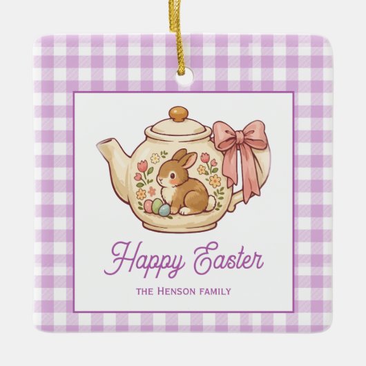 Personalized Easter Bunny Teapot Gingham Family セラミックオーナメント (正面)