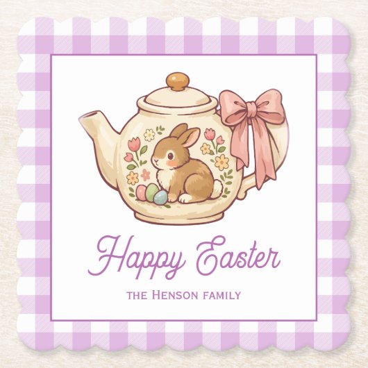 Personalized Easter Bunny Teapot Gingham Family ペーパーコースター (正面)