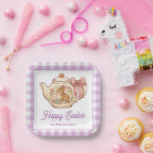 Personalized Easter Bunny Teapot Gingham Family ペーパープレート (パーティー)