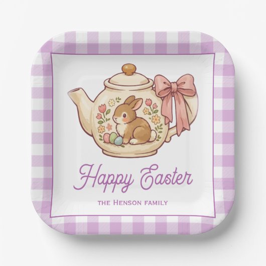 Personalized Easter Bunny Teapot Gingham Family ペーパープレート (正面)