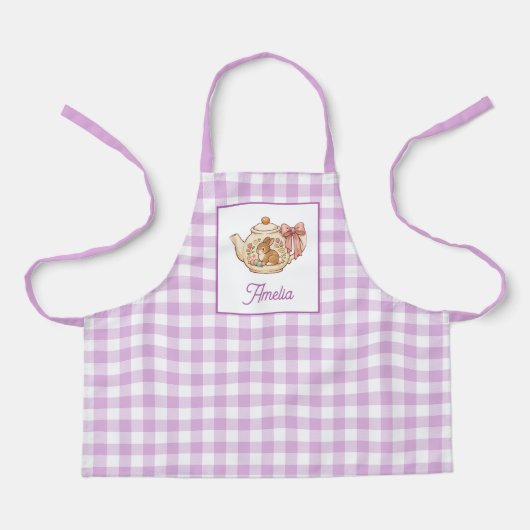 Personalized Easter Bunny Teapot Gingham Name エプロン (正面)
