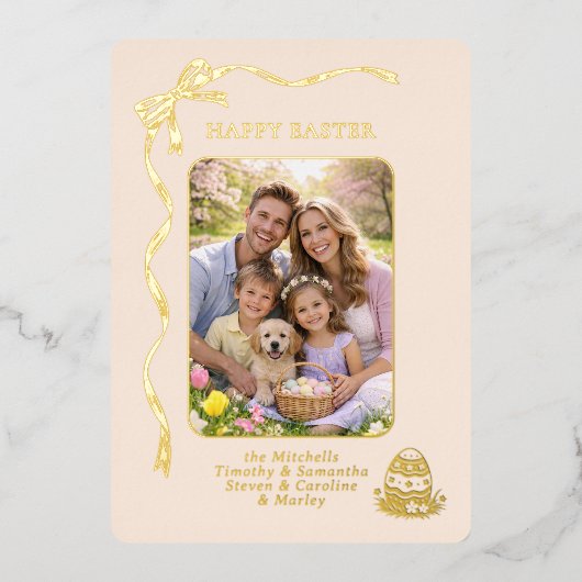 Personalized Easter Family Photo Gold Ribbon Bow 箔シーズンカード (正面)