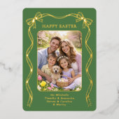 Personalized Easter Family Photo Gold Ribbon Bow 箔シーズンカード (正面)