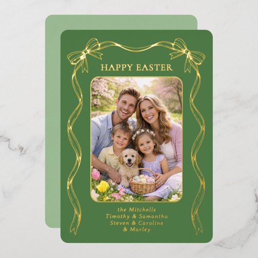Personalized Easter Family Photo Gold Ribbon Bow 箔シーズンカード (正面/裏面)