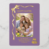 Personalized Easter Family Photo Gold Ribbon Bow 箔シーズンカード (正面)