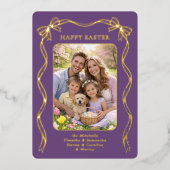 Personalized Easter Family Photo Gold Ribbon Bow 箔シーズンカード (正面)