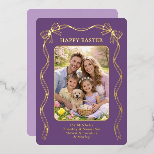 Personalized Easter Family Photo Gold Ribbon Bow 箔シーズンカード (正面/裏面)