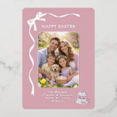 Personalized Easter Family Photo Silver Ribbon Bow 箔シーズンカード (正面)