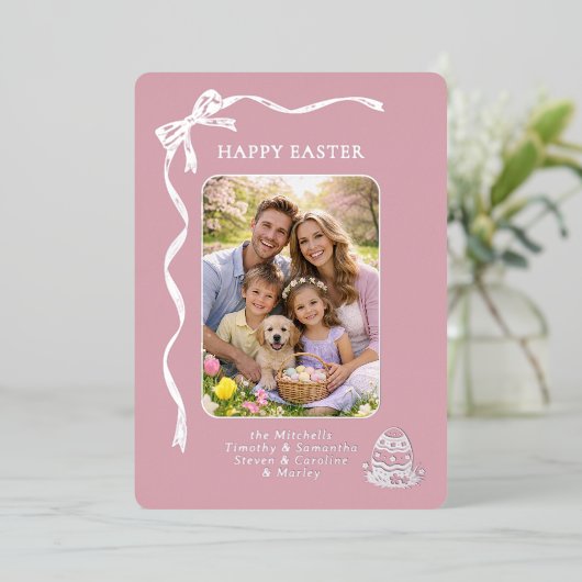 Personalized Easter Family Photo Silver Ribbon Bow 箔シーズンカード (立ち正面)