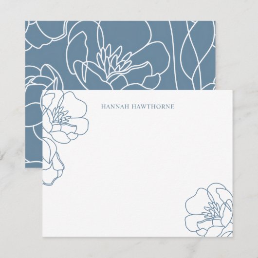 Personalized Elegant Blue Modern Line Art Floral ノートカード (正面/裏面)
