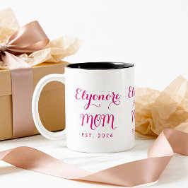 Personalized Elegant New Mom Name Est Pink Script  ツートーンマグカップ