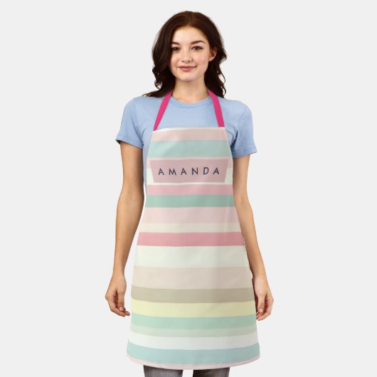 Personalized Elegant Pastel Macaron Stripe エプロン (着用した状態)