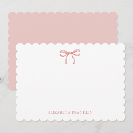 Personalized Elegant Pink Watercolor Bow ノートカード (正面/裏面)