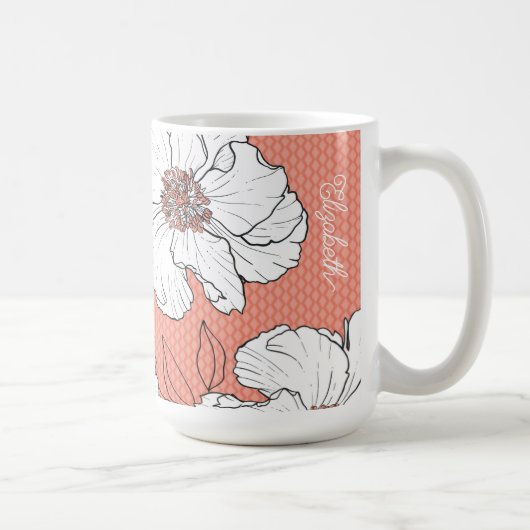 Personalized Elegant White Florals on Coral コーヒーマグカップ (右)