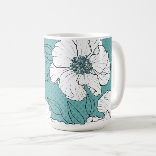 Personalized Elegant White Florals on Teal コーヒーマグカップ (正面右)