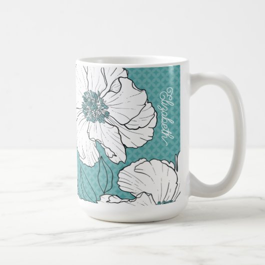 Personalized Elegant White Florals on Teal コーヒーマグカップ (右)