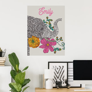 Personalized Elephant Name Kids Room Poster ポスター