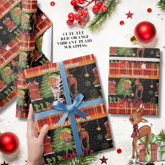 Personalized Elf Girl Name Christmas | Red Plaid ラッピングペーパー