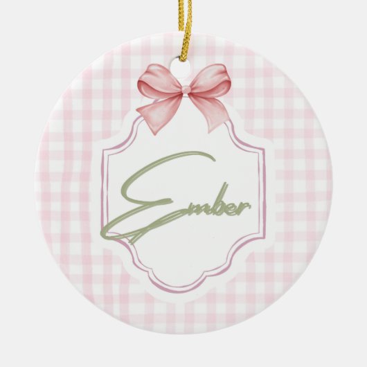 Personalized Ember Baby Girl Nursery Bow&Gingham  セラミックオーナメント (正面)