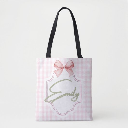 Personalized Emily Baby Girl Nursery Bow&Gingham トートバッグ (正面)
