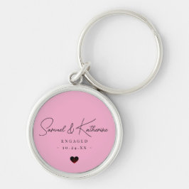 Personalized Engagement Date Pink Heart Script キーホルダー